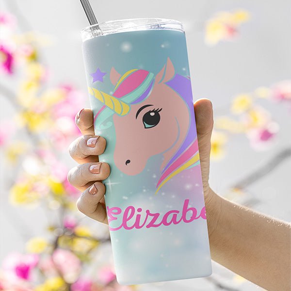 Custom Unicorn Tumbler with Name and Text for Little Girls and Birthday Crew - Gifts Are Blue