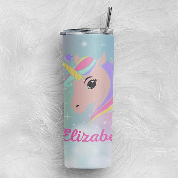 Custom Unicorn Tumbler with Name and Text for Little Girls and Birthday Crew - Gifts Are Blue