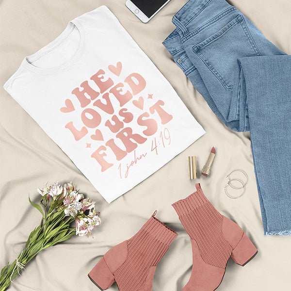 Get this Christian Shirt with the message of God's Love from 1 John 4 19, in several styles. Including as a Christian Hoodie, Christian T-Shirt and more. all SKUs
