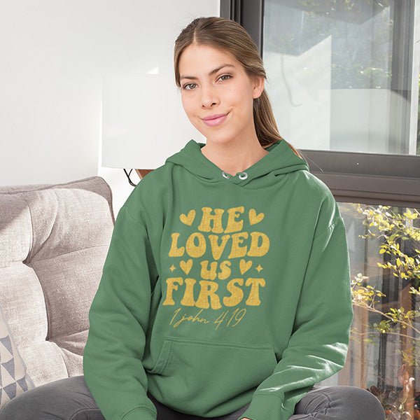 This shirt features the text He Loves Us First and the bible reference of 1 John 4-19. It's a great Christian shirt for youths, women and men. all SKUs