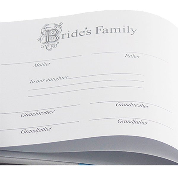 White Satin Wedding Guest Book and Pen Set with a Teal Scroll Design - Gifts Are Blue - 3