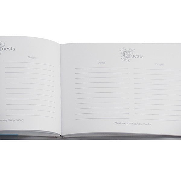 White Satin Wedding Guest Book and Pen Set with a Teal Scroll Design - Gifts Are Blue - 5