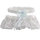 White and Blue Embroidered Wedding Garter Set with Tulle and Crystals