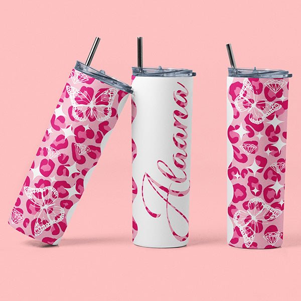 Pretty Leopard Print Personalized Tumbler with Name and Butterfly Design for Girls and Preteens - Gifts Are Blue