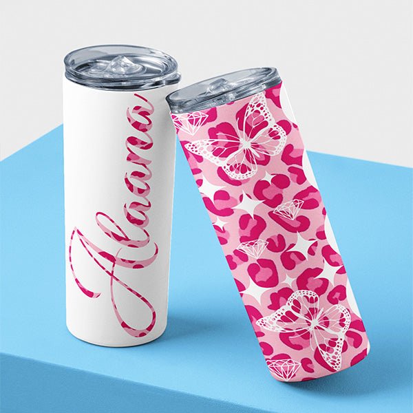Pretty Leopard Print Personalized Tumbler with Name and Butterfly Design for Girls and Preteens - Gifts Are Blue