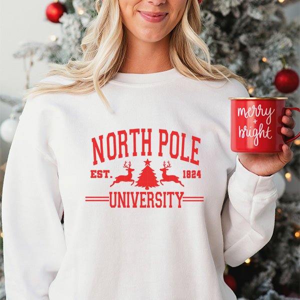 North Pole Sweatshirt for men, women, children and toddlers. Choose your print color for the shirt. This Christmas Sweatshirt is mnade to order. all SKUs