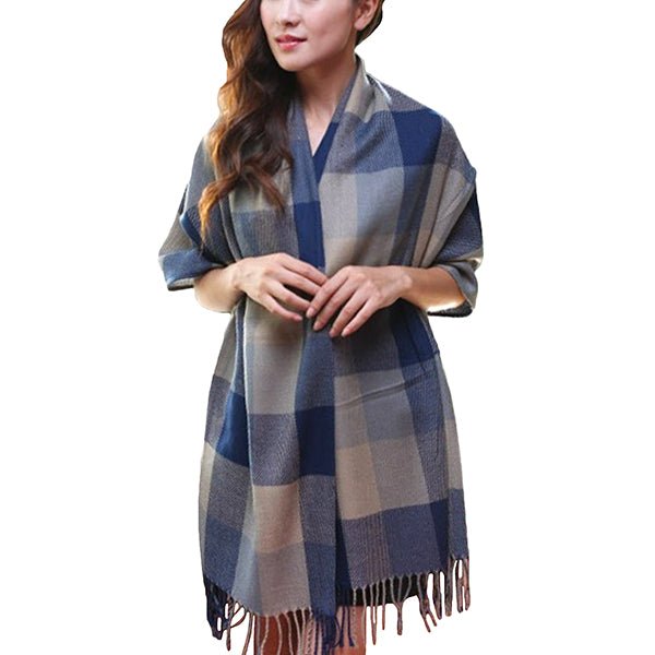 Fashionable Womens Large Plaid Wool Scarves for Fall and Winter - Gifts Are Blue