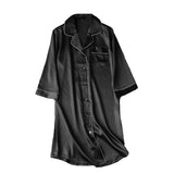 Womens Long Nightshirt, Lightweight Satin Sleepwear, With Pockets, 3/4 Sleeve XS-4XL, Flat; Black