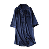 Womens Long Nightshirt, Lightweight Satin Sleepwear, With Pockets, 3/4 Sleeve XS-4XL; Navy Blue
