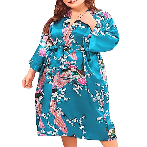 Floral Satin Robes, Blue-White, 2T-38 Womens Plus, Satin, MidLength - Gifts Are Blue