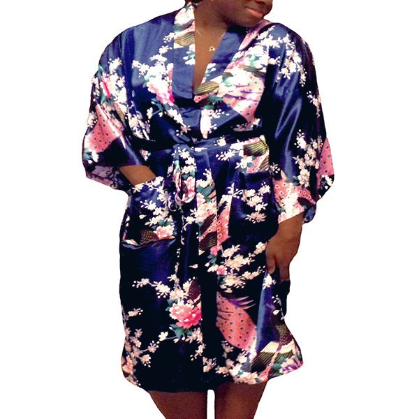 Floral Satin Robes, Blue-White, 2T-38 Womens Plus, Satin, MidLength - Gifts Are Blue