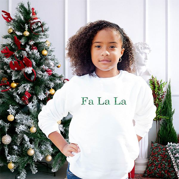 Child Sweatshirt with Fa La La Christmas Holiday text with green glitter. all SKUs