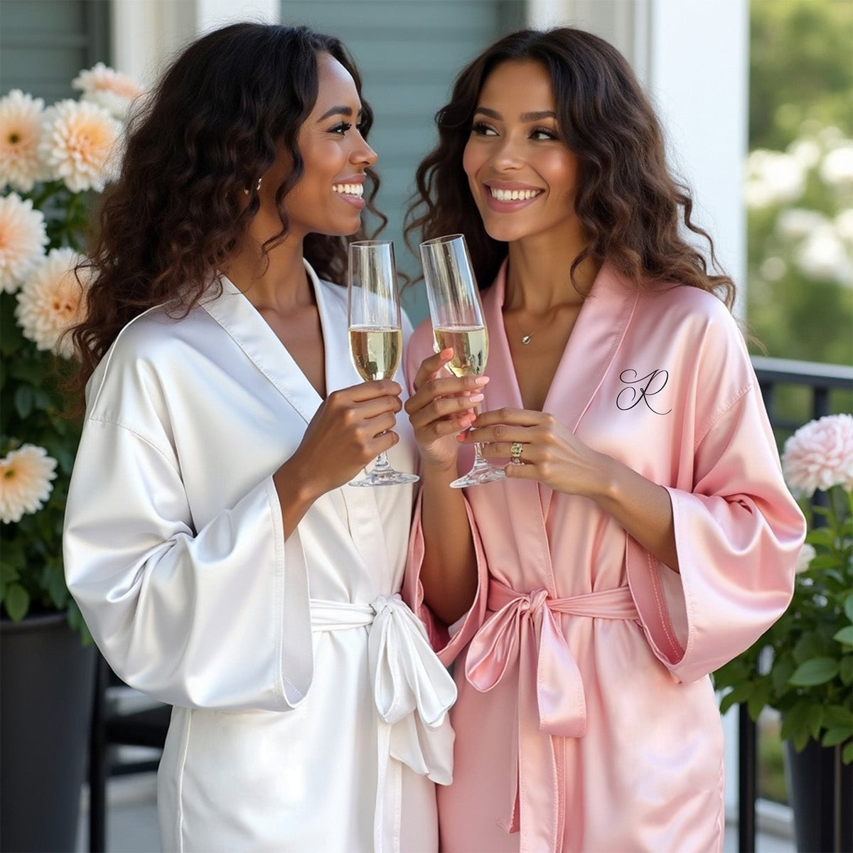 bride and bridesmaid wearing beautiful satin robes with monogrammed front text.