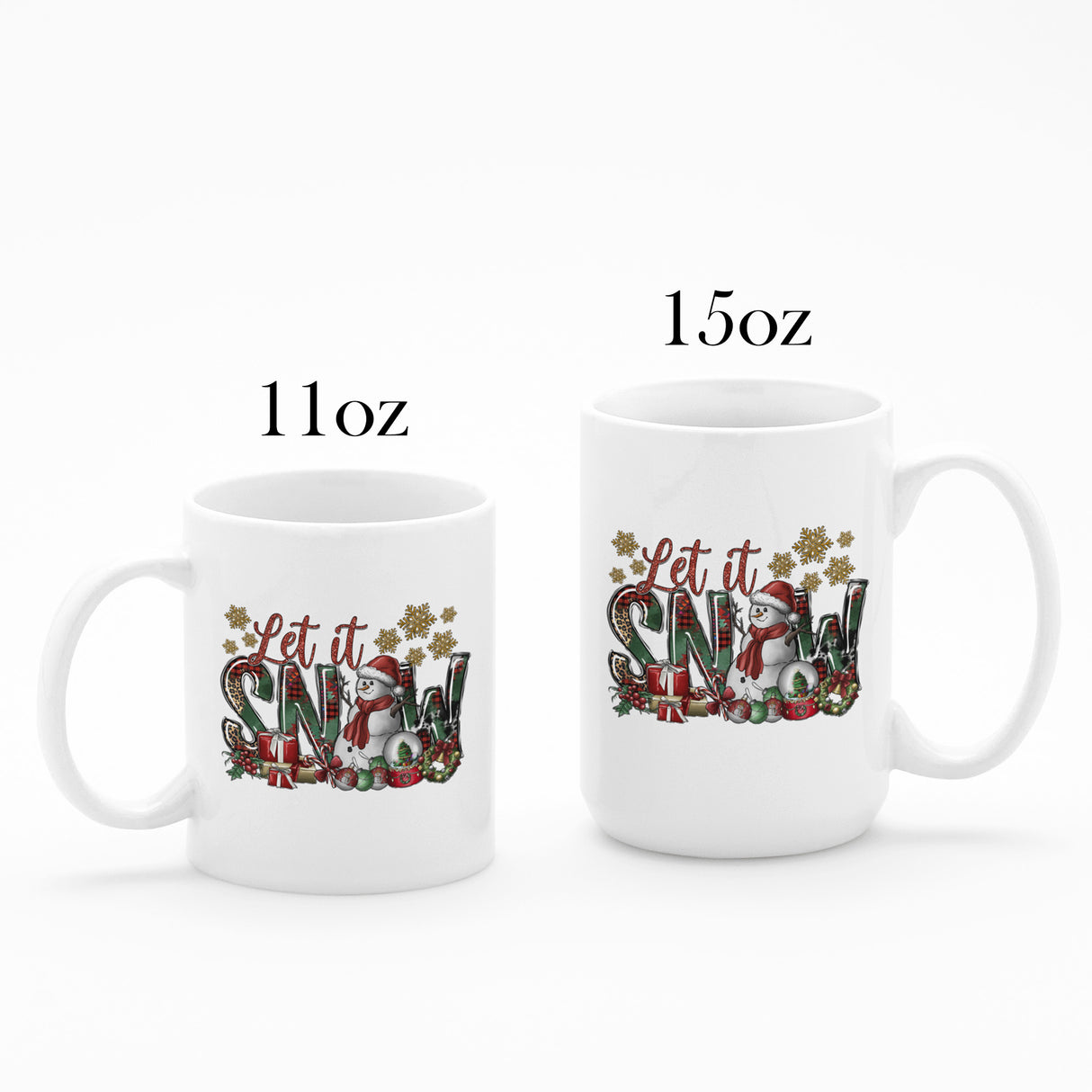 Cute Let It Snow Christmas Mugs, Colorful Holiday Coffee Cups in sizes 11oz and 15oz