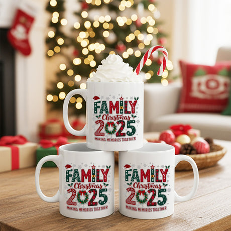Christmas mugs for the entire family. These family Christmas Mugs features a festive design with the words Making Memories Together.