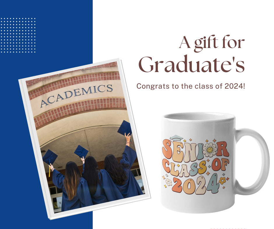 College graduates celebrating the class of 2024 next to a 2024 graduation coffee mug. All SKUs. 