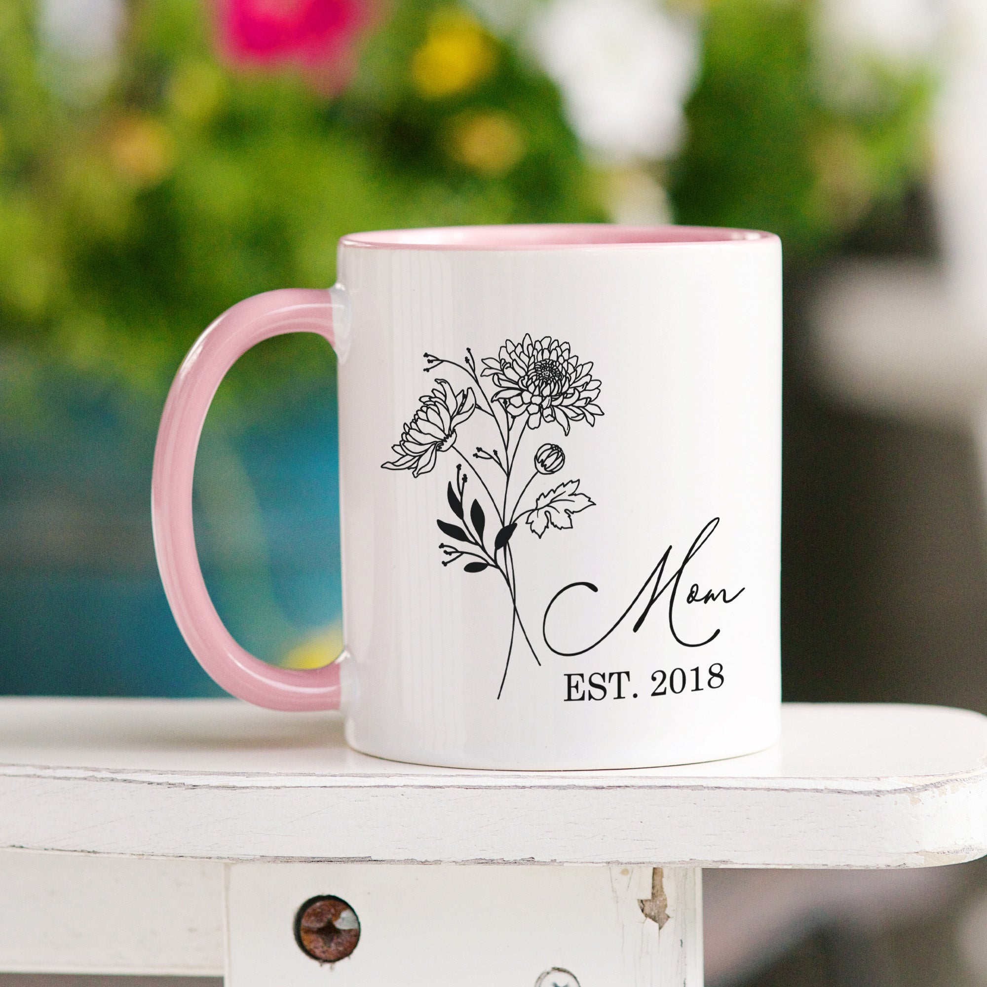 Personalized Birth Flower Coffee Mug Custom Gift for Mom Grandma or Nana for Birthday or Christmas.
