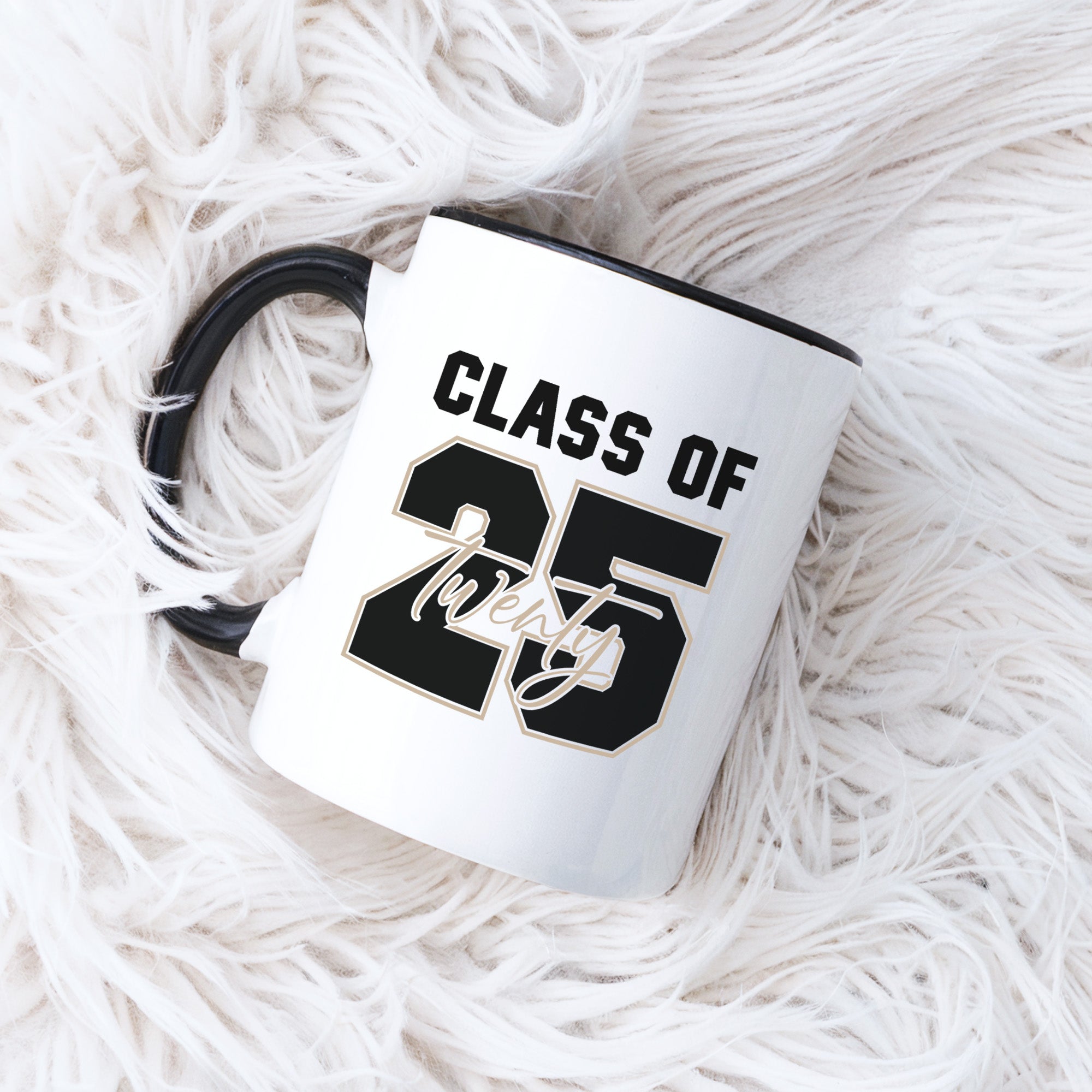 Simple and modern white mug with Class of 2025 text, great gift for graduates. Minimalist mug for graduate 2025.