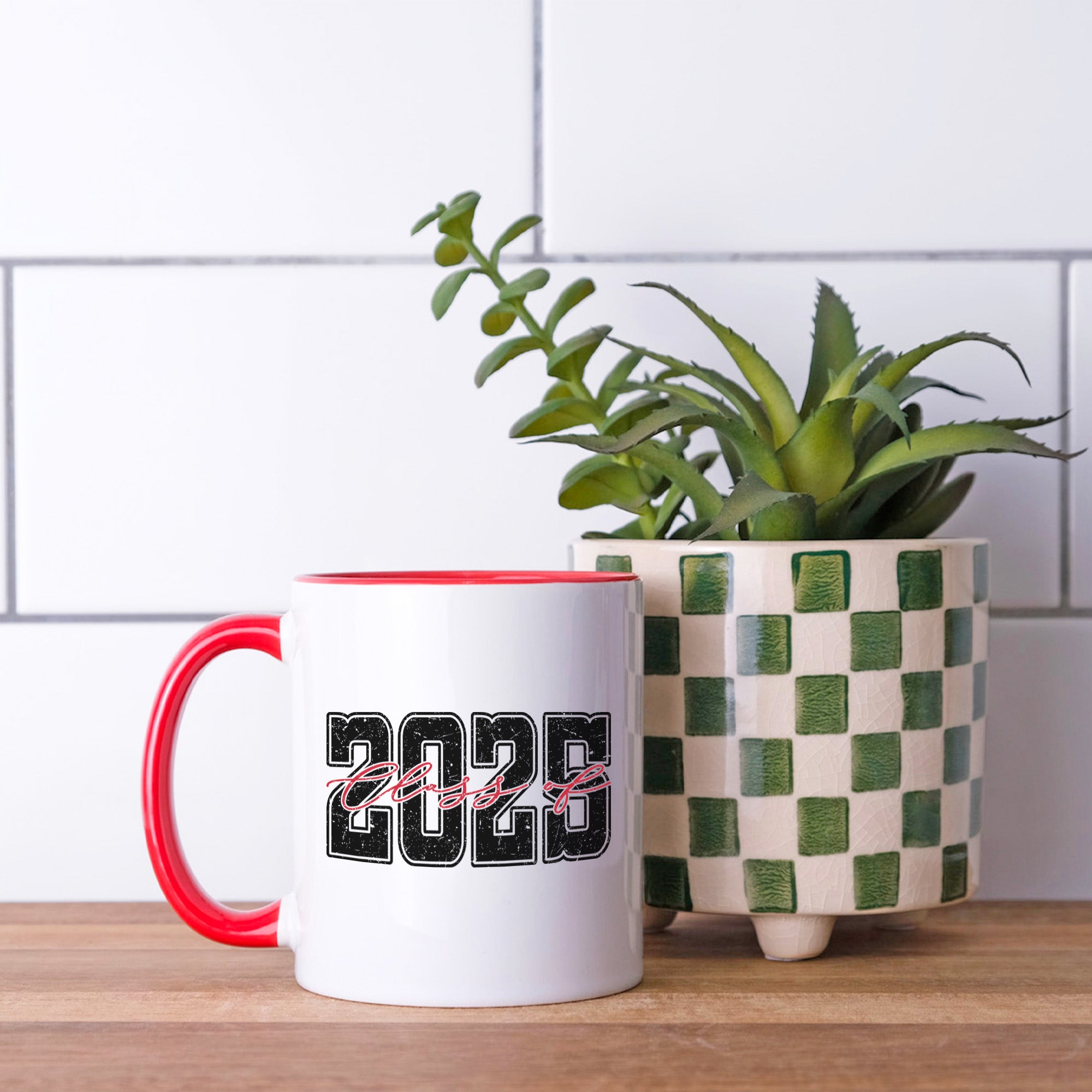 Graduation mug for him featuring Class of 2025 in varsity font. Red and black Class of 2025 mug for seniors, perfect graduation gift.