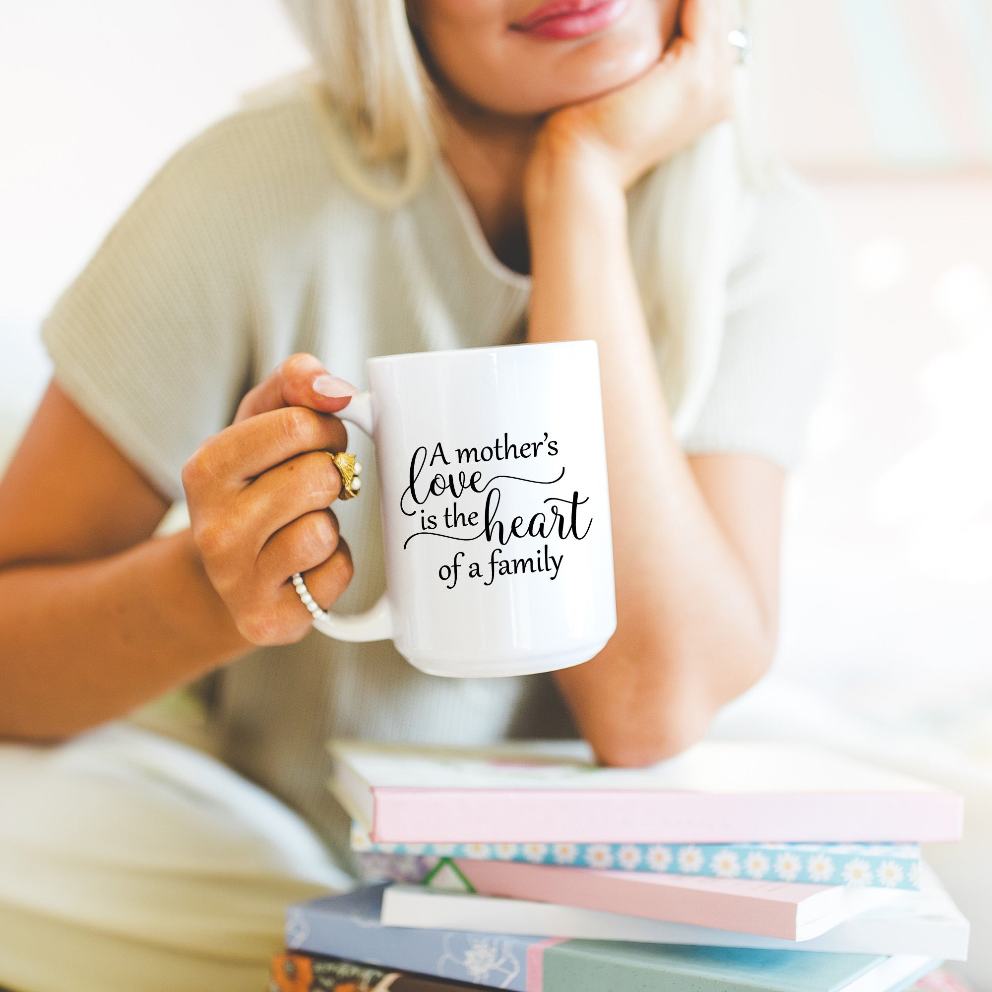 A heartfelt coffee mug for mom with A Mother's Love message, ideal for Mother's Day or birthday gifts.