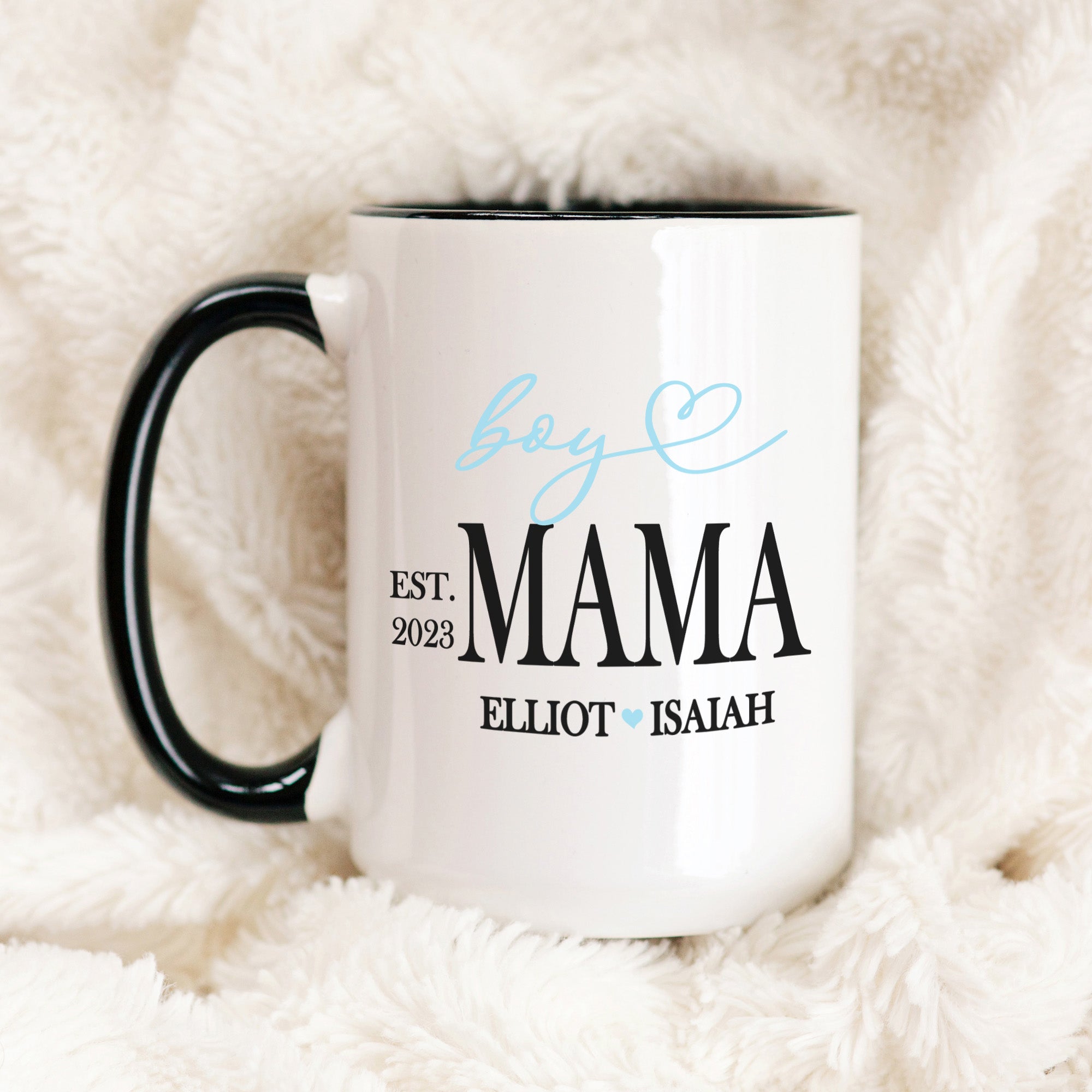 Personalized Boy Mama Mug with kids names and year making it the perfect custom gift for boy moms for Mother's Day.
