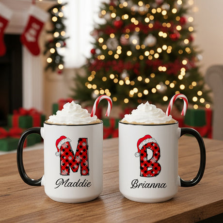 Red and Black Plaid Initial Personalized Christmas Mugs for Kids and Adults