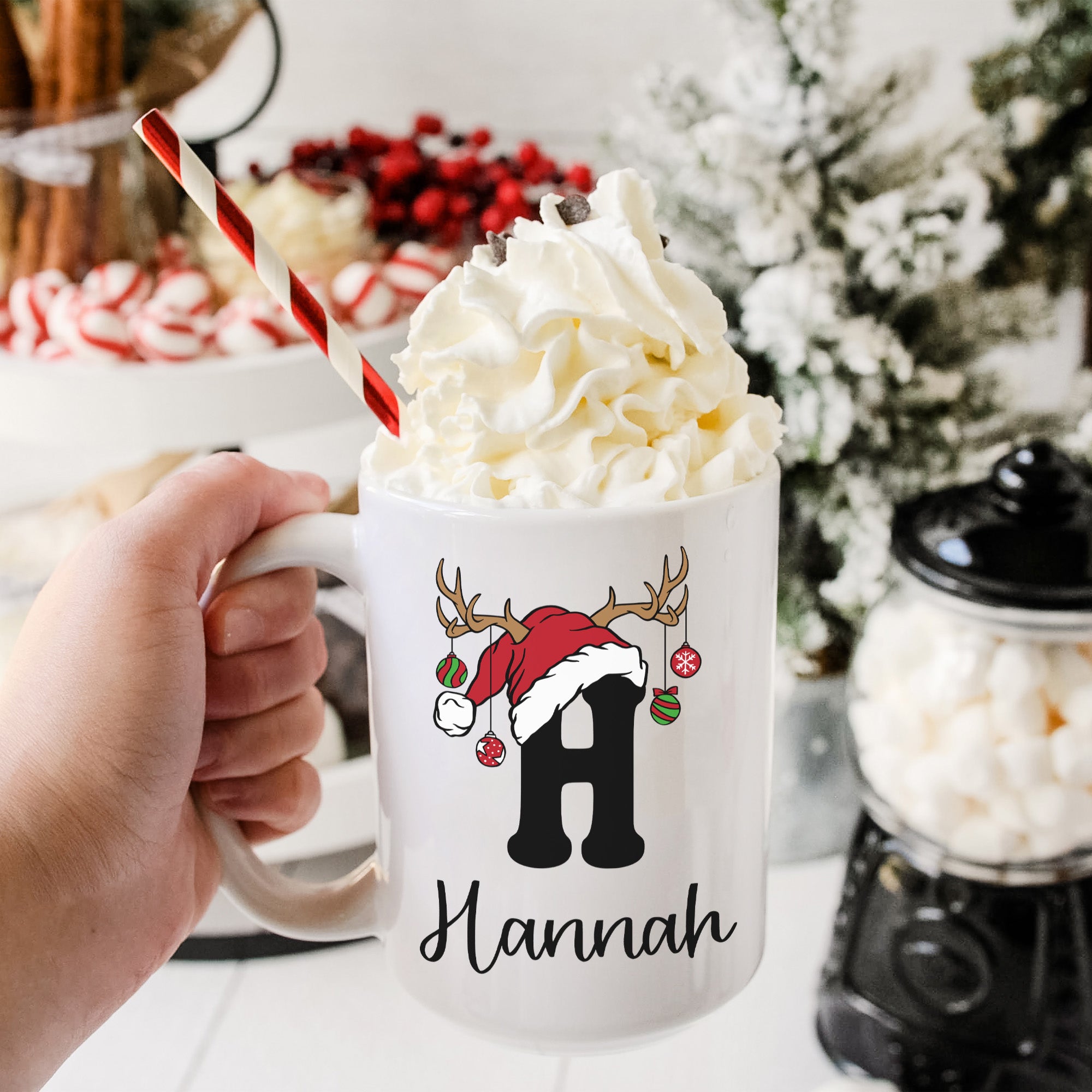 Personalized 15oz Christmas mugs.