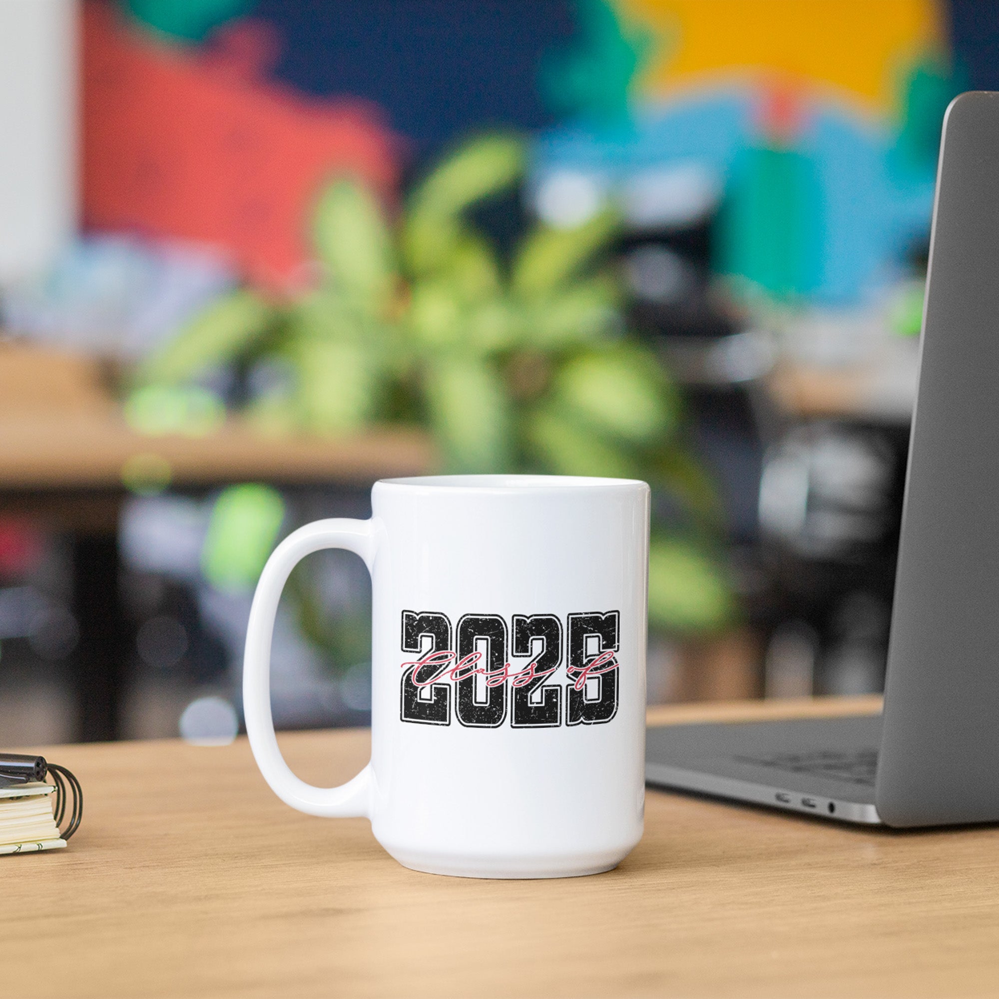 Cool graduation gift idea for him, Class of 2025 varsity-style mug. High school or college senior Class of 2025 mug, red and black theme.