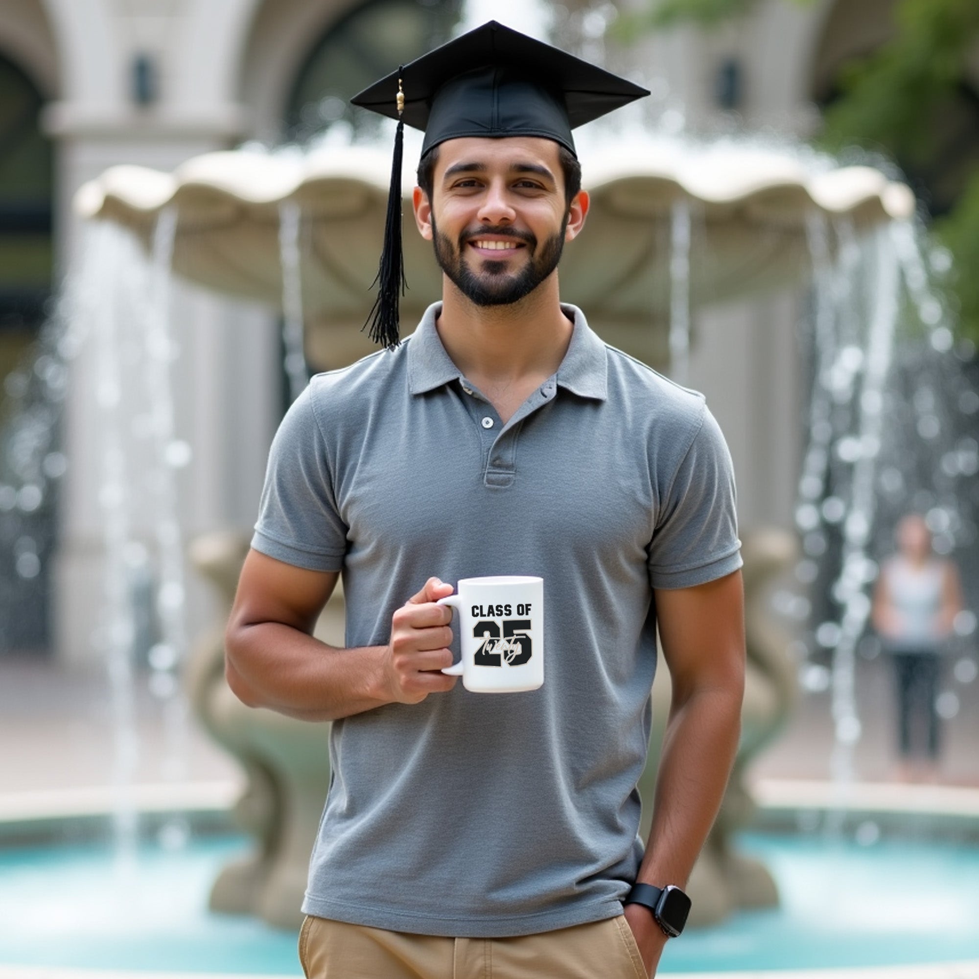 Guy holding class of 2025 mug for graduation gift. Graduation gift ideas for my sons graduation. 