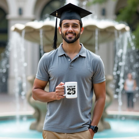 Guy holding class of 2025 mug for graduation gift. Graduation gift ideas for my sons graduation. 