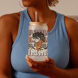 Woman holding Frosted 16oz Afro Mama Glass Tumbler. An Afrocentric motherhood gift. 