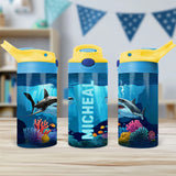 Kids custom water bottle with bold shark print, ideal for personalized back to school gifts.