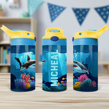 Kids custom water bottle with bold shark print, ideal for personalized back to school gifts.