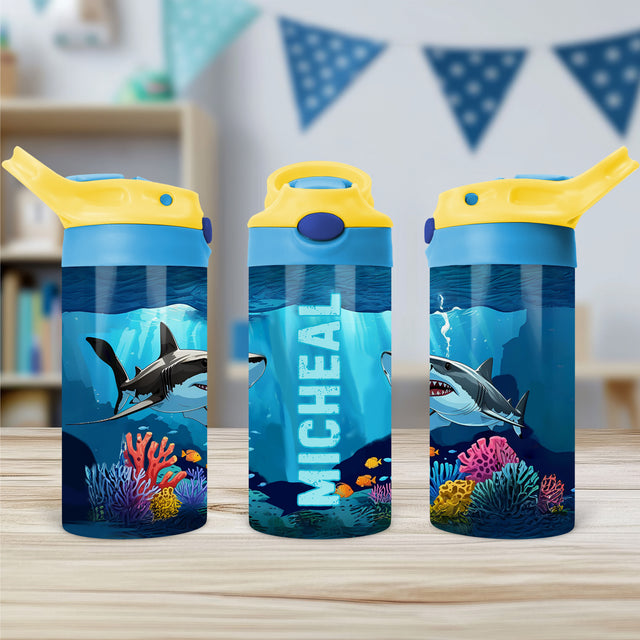 Kids custom water bottle with bold shark print, ideal for personalized back to school gifts.