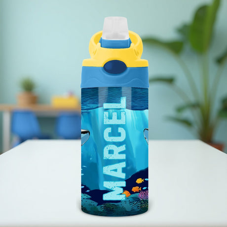 Personalized kids shark water bottle with name, perfect for back to school or daycare use.