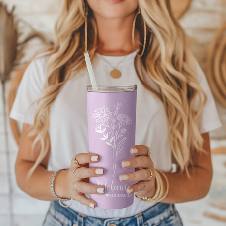 Cute Personalized Birth Flower Tumbler for Bride and Bridesmaids - Gifts Are Blue