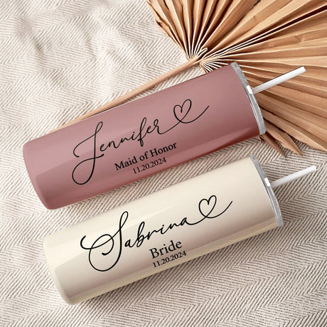 Wedding party drinkware with personalized name and title. Minimalist bridal tumbler gift with custom print. Personalized tumbler for wedding morning bridal party photos. Bride and bridesmaid matching tumblers with names and dates.