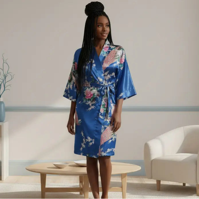 Jewel Blue Silk Kimono Womens Robe