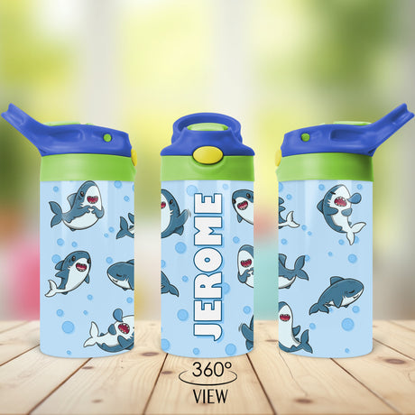 This kids shark water bottle features a custom name, making it a fun and practical personalized cup for back to school gifts.