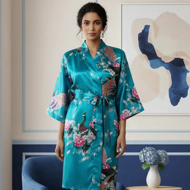 Lake Blue Silk Kimono Womens Robe