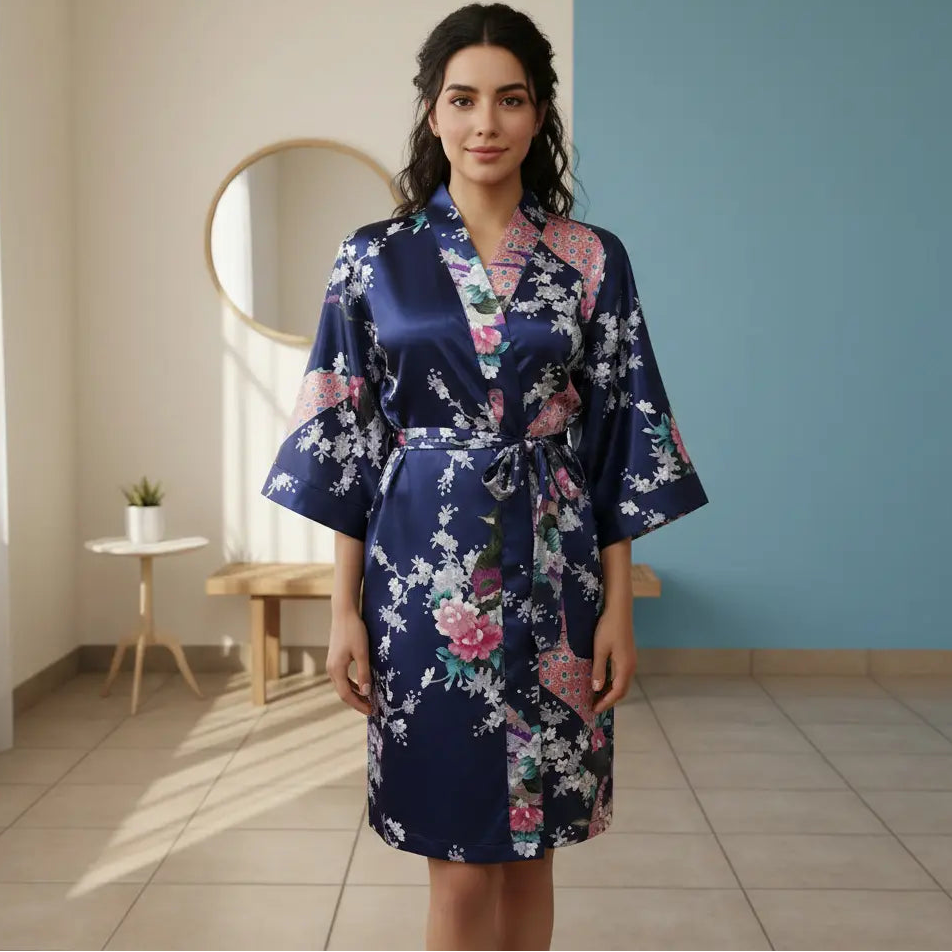 Navy Blue Silk Kimono Womens Robe