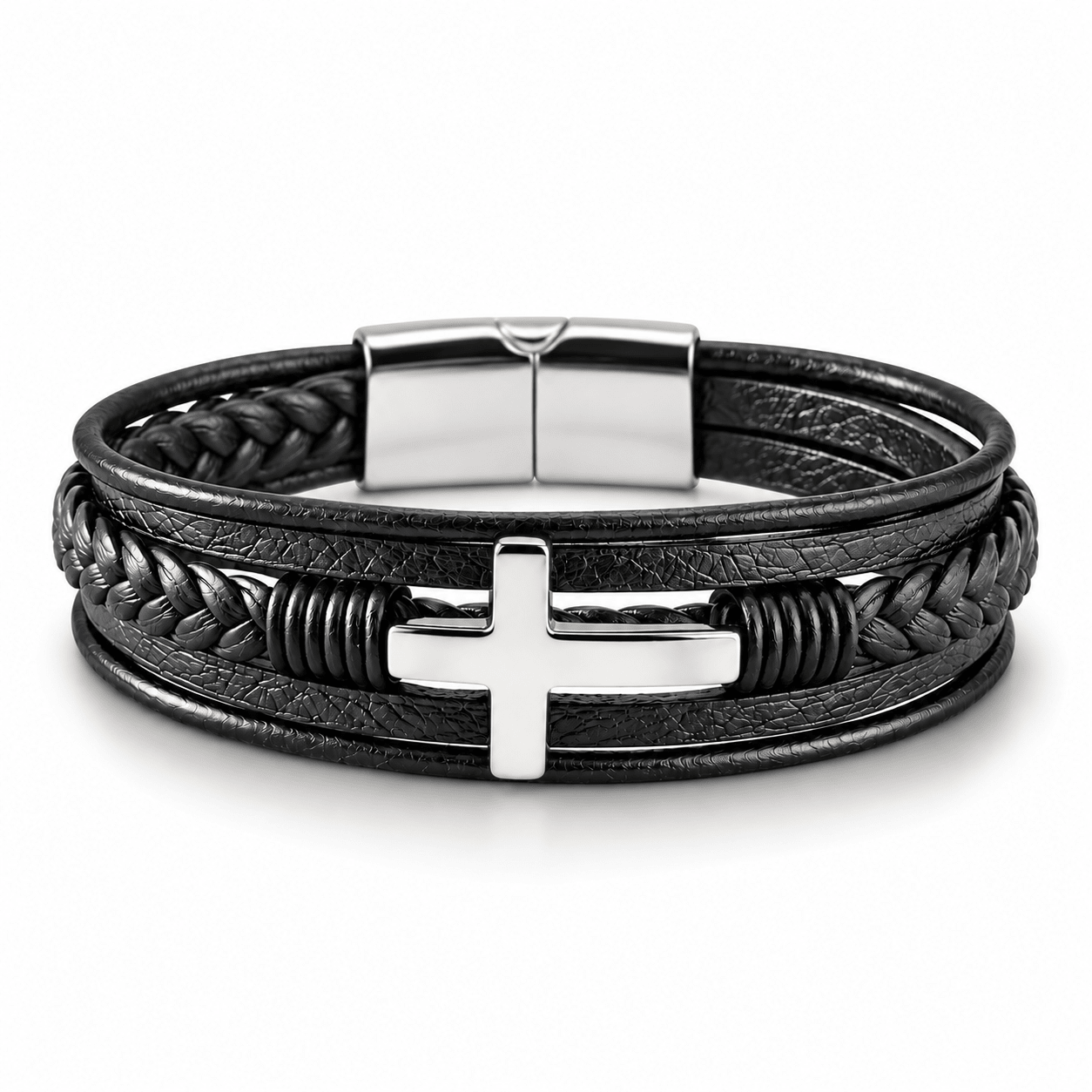 Multilayer Mens Bracelet , Genuine Leather with Cross, Christian Bracelet - Gifts Are Blue