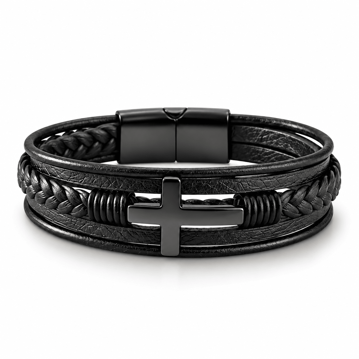 Multilayer Mens Bracelet , Genuine Leather with Cross, Christian Bracelet - Gifts Are Blue