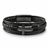 Multilayer Mens Bracelet , Genuine Leather with Cross, Christian Bracelet - Gifts Are Blue