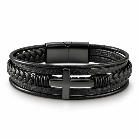 Multilayer Mens Bracelet , Genuine Leather with Cross, Christian Bracelet - Gifts Are Blue