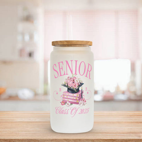 Personalized Class of 2025 iced coffee glass, perfect graduation gift for her with bamboo lid and straw. Floral design graduation glass for her, ideal Class of 2025 keepsake gift for seniors.