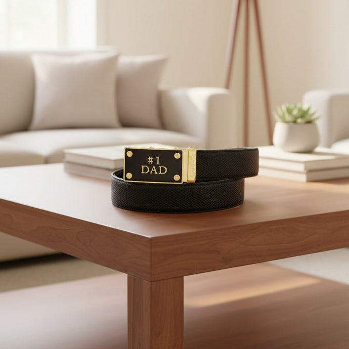 FEDEY Mens Classic Ratchet Leather Belt w No1 DAD Statement Buckle