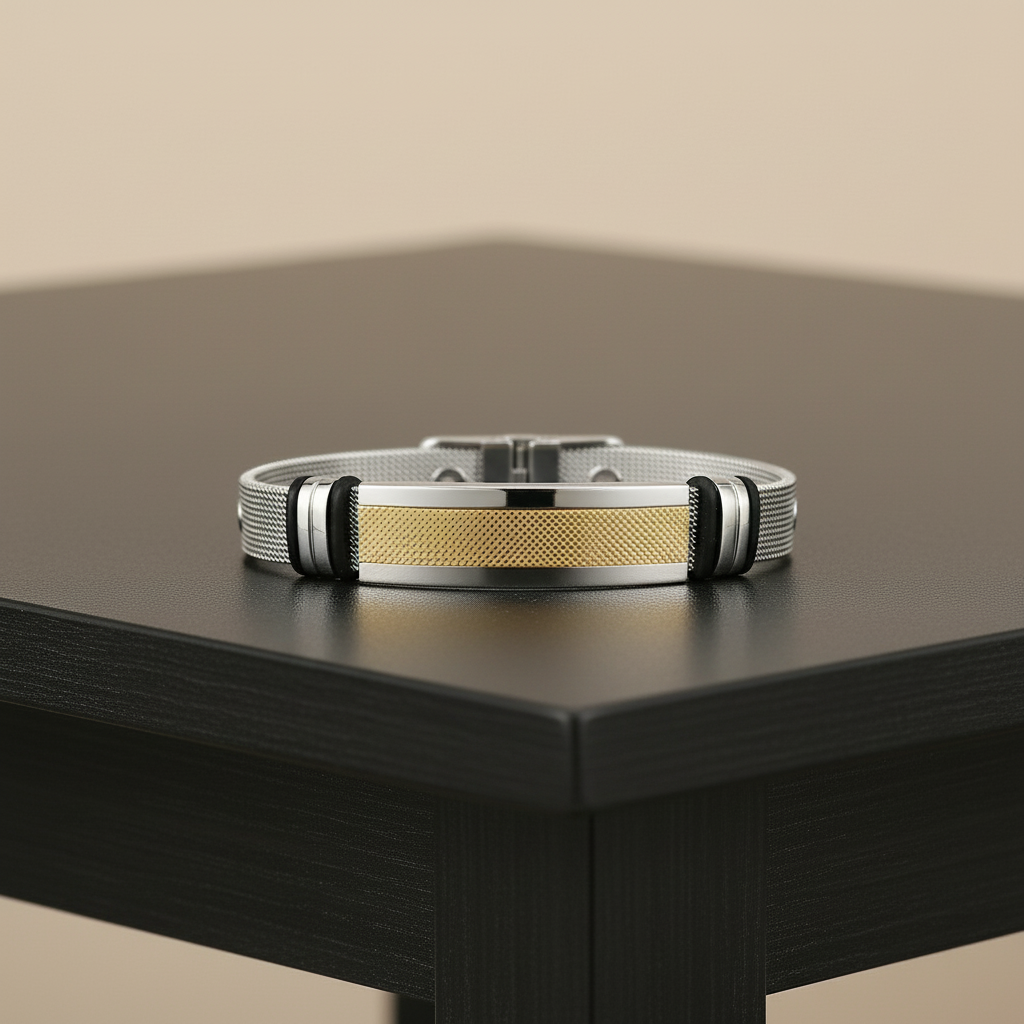 Mens Stainless Steel Bracelet with Bar, Adjustable Mesh Band with Buckle Clasp