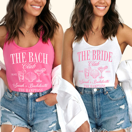 Custom bachelorette beach party tank tops with personalized names, perfect matching tanks for bride and The Bach Club bridesmaids.