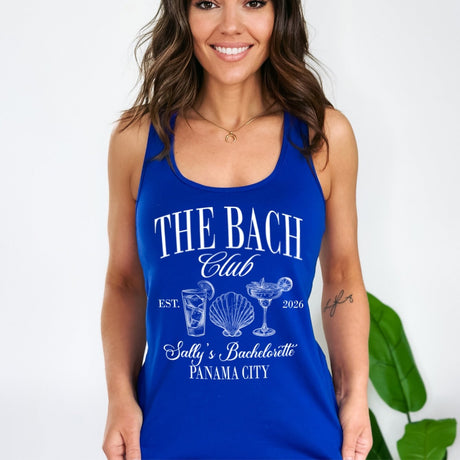 Personalized beach bachelorette tanks with custom names, perfect matching gifts for bride, bridesmaids, and bridal party squads.